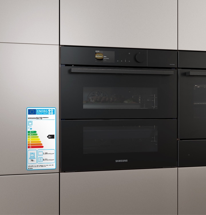 Shows the oven in the kitchen with a label highlighting its A+ energy efficiency rating. It also shows that it has a 76 liter capacity and consumes 1.05 kWh/cycle as a conventional oven and 0.71 kWh/cycle using forced air convection.