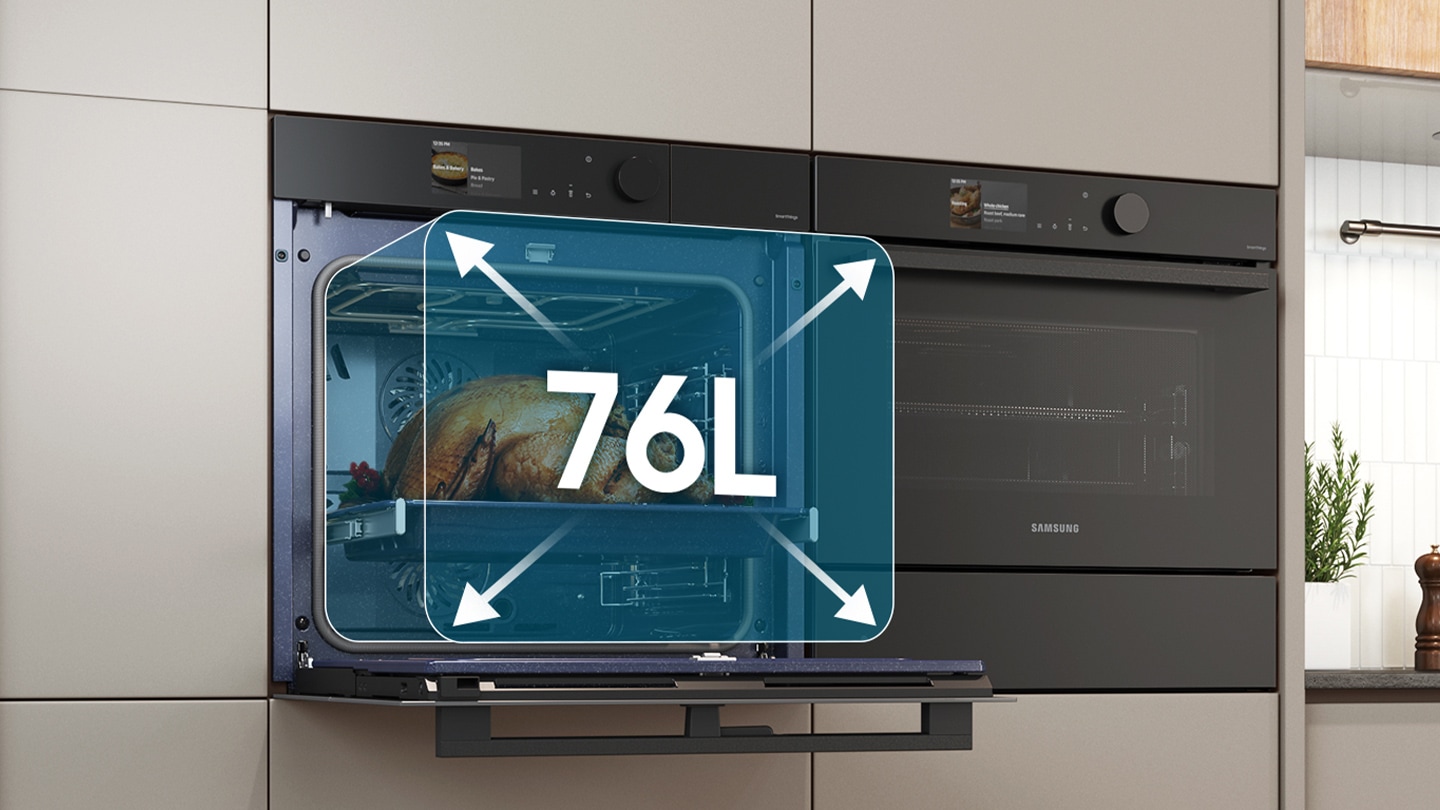 Shows a large turkey cooking inside the spacious oven with arrows illustrating its 76 liter capacity.