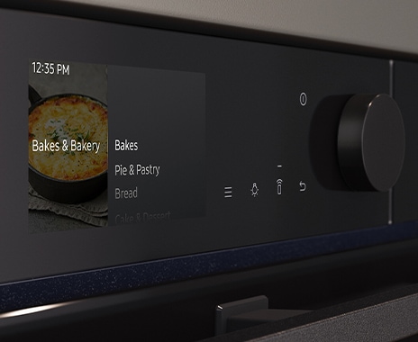 Shows a close-up of the oven's stylishly minimalist control panel with an LCD display, touch control and a single knob.