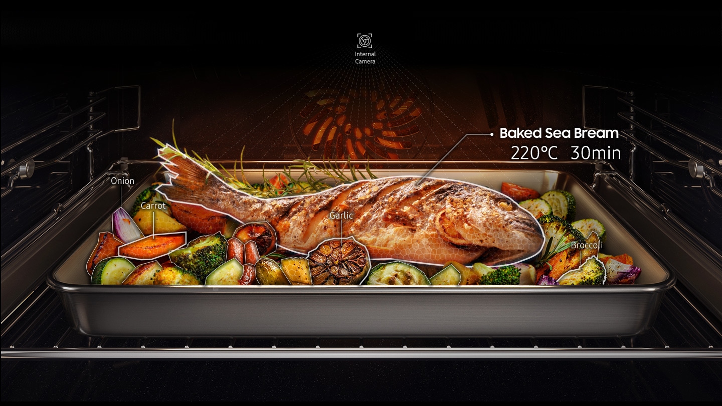 Shows the inside of an oven. Using the internal camera, the AI Pro Cooking system has identified that the dish being cooked is Baked Sea Bream with vegetables, including onions, carrots, garlic and broccoli. It recommends that this dish is cooked at 220°C for 30 minutes.