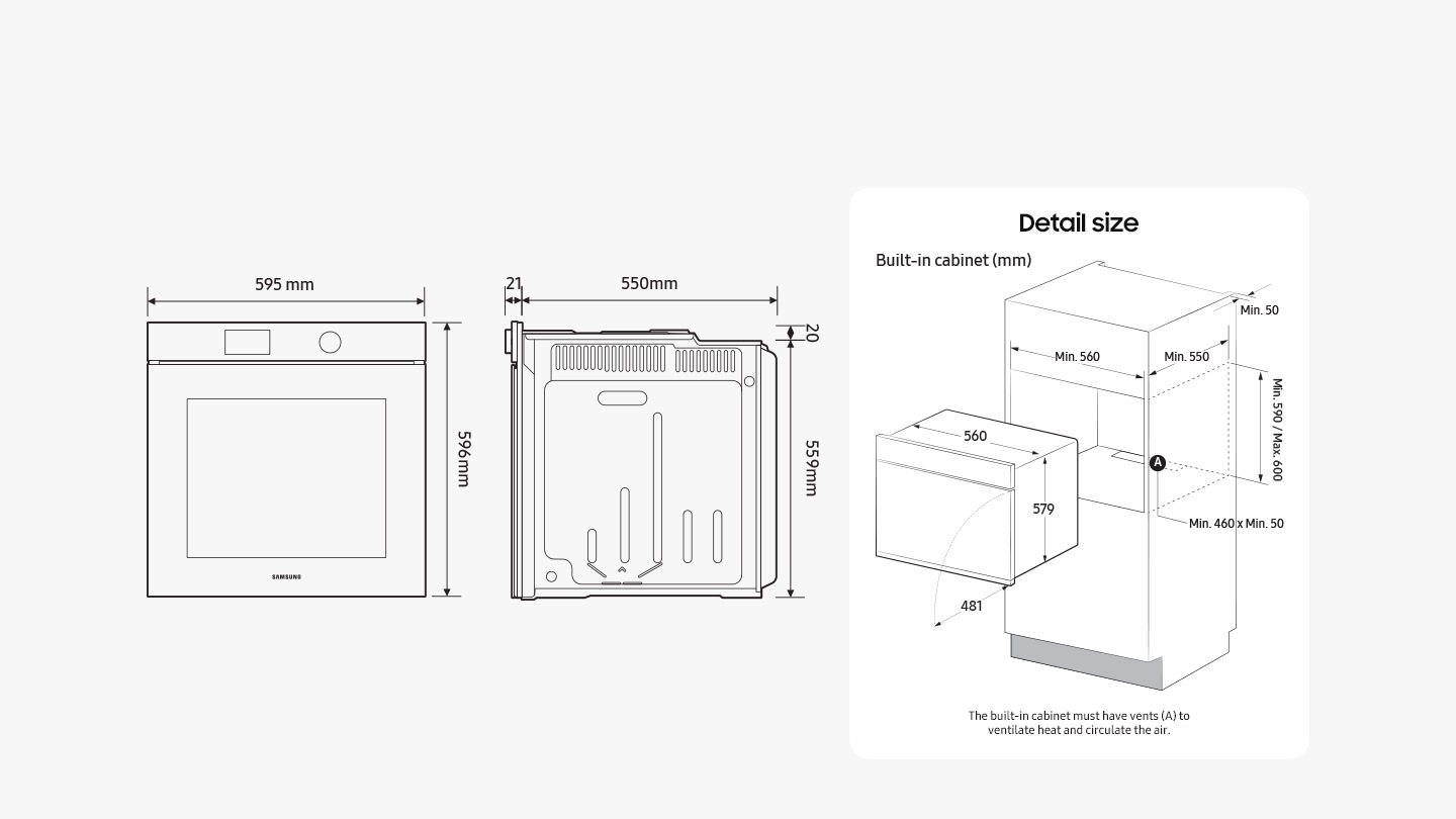 Diagramele evidențiază dimensiunile cuptorului: înălțime (față) = 596 mm, înălțime (spate) = 559 mm + 20 mm până la înălțime în mijloc, lățime = 595 mm (incl. față) / 560 mm (fără față), adâncime = 550 mm + 21 mm pt. ușa (fără mâner). O altă diagramă arată dimensiunea minimă a spațiului încorporat în care poate fi instalat cuptorul: înălțime = min. 590 mm / max 600 mm, adâncime = min cuptorul. De asemenea, arată că ușile se extind cu 481 mm când sunt complet deschise. Textul spune că pe podeaua din spate a spațiului încorporat trebuie să existe orificii de aerisire de min 460 mm x min 50 mm pentru a ventila căldura și a circula aerul.