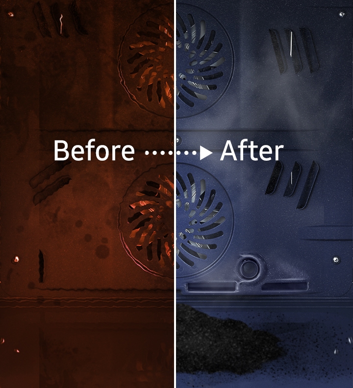 Afișează interiorul cuptorului „„înainte””” și „„după”” curățare folosind sistemul de curățare pirolitică.