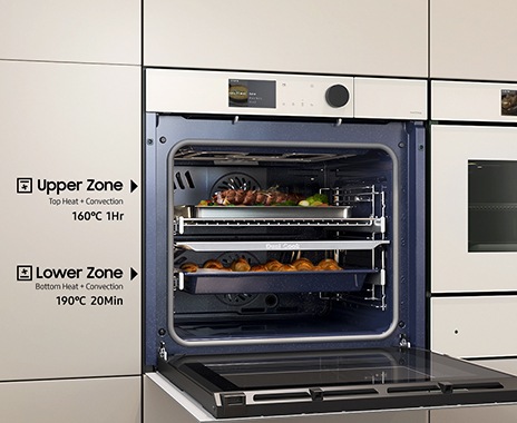 Afișează zonele superioare și inferioare care sunt utilizate independent pentru a găti diferite feluri de mâncare în același timp, folosind setări diferite.