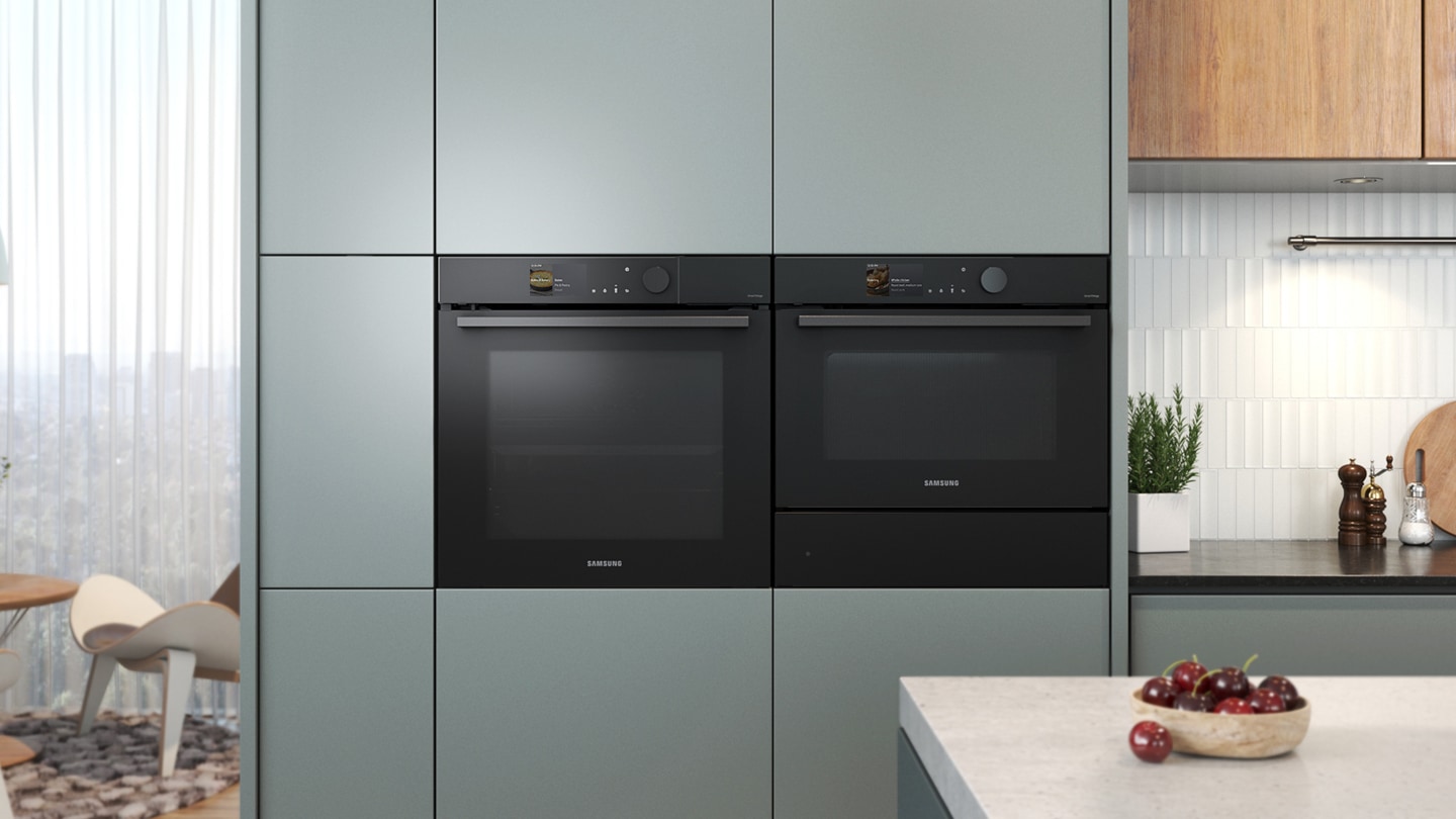 Shows the built-in oven seamlessly installed in a kitchen next to a Microwave Combo oven. Its BESPOKE ""Black Glass"" color elegantly complements and enhances the kitchen's color scheme.