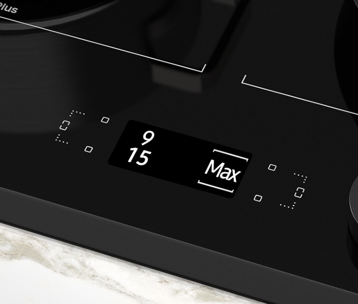 Shows the cooktop's LCD display with its clear and personalized settings and options.