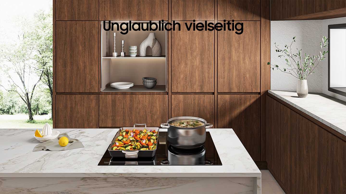 NZ8500BM is installed in the kitchen and two pots with delicious food are boiling on the cooktop. It goes well with the modern and luxurious mood.