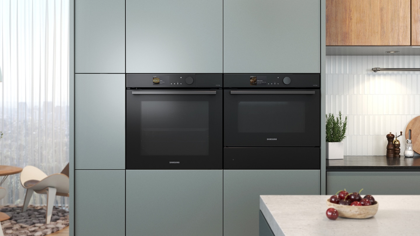 Shows the built-in oven seamlessly installed in a kitchen next to a Microwave Combo oven. Its BESPOKE ""Black Glass"" color elegantly complements and enhances the kitchen's color scheme.