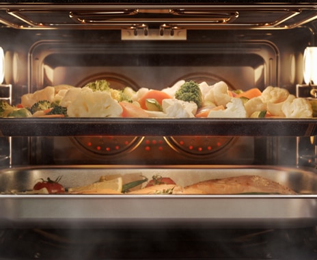 Shows a tray of vegetables in the upper zone and a fish dish in the lower zone being convection cooked but with added steam.