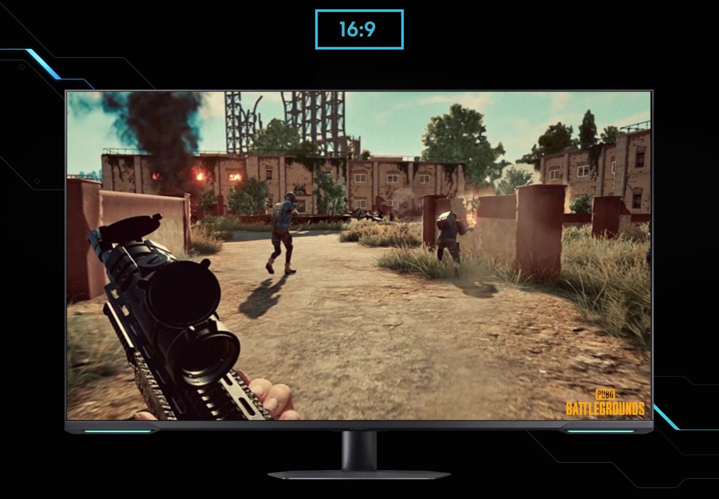 A monitor shows the viewpoint of a player within a shooting game. As the screen is extended from 16:9 to 21:9 ratio, an unseen enemy reveals in the left corner. ""Battleground"" logo is shown on the right lower corner of the screen.