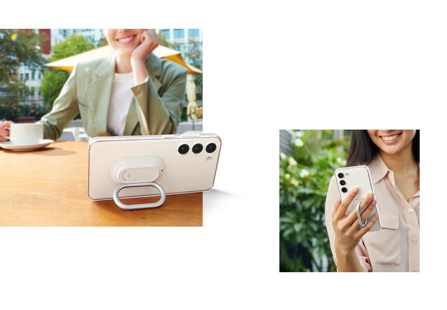 Eine Frau hält ein Samsung Galaxy im Clear Gadget Case vertikal mit einem Ringhalter. Zu sehen ist die Rückseite des Cases in horizontaler Position, wobei der Ringhalter als Ständer dient.