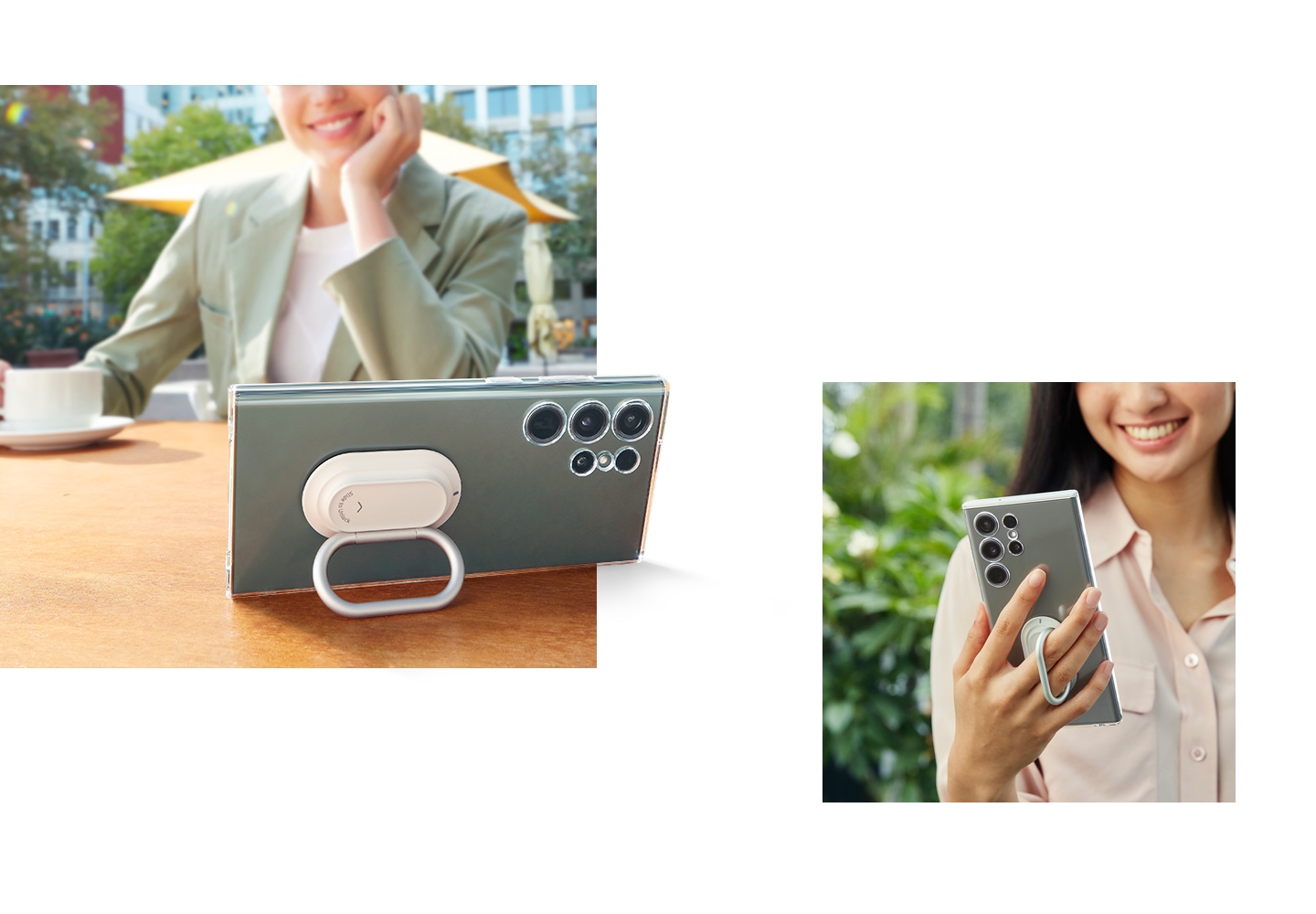 Eine Frau hält ein Samsung Galaxy im Clear Gadget Case vertikal mit einem Ringhalter. Zu sehen ist die Rückseite des Cases in horizontaler Position, wobei der Ringhalter als Ständer dient.