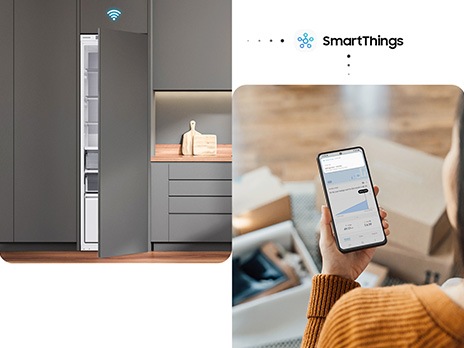 Ușa BRR6000B este pe jumătate deschisă, iar pictograma Wi-Fi plutește deasupra ei. Utilizatorii verifică starea frigiderelor cu smartphone-urile lor prin SmartThings.