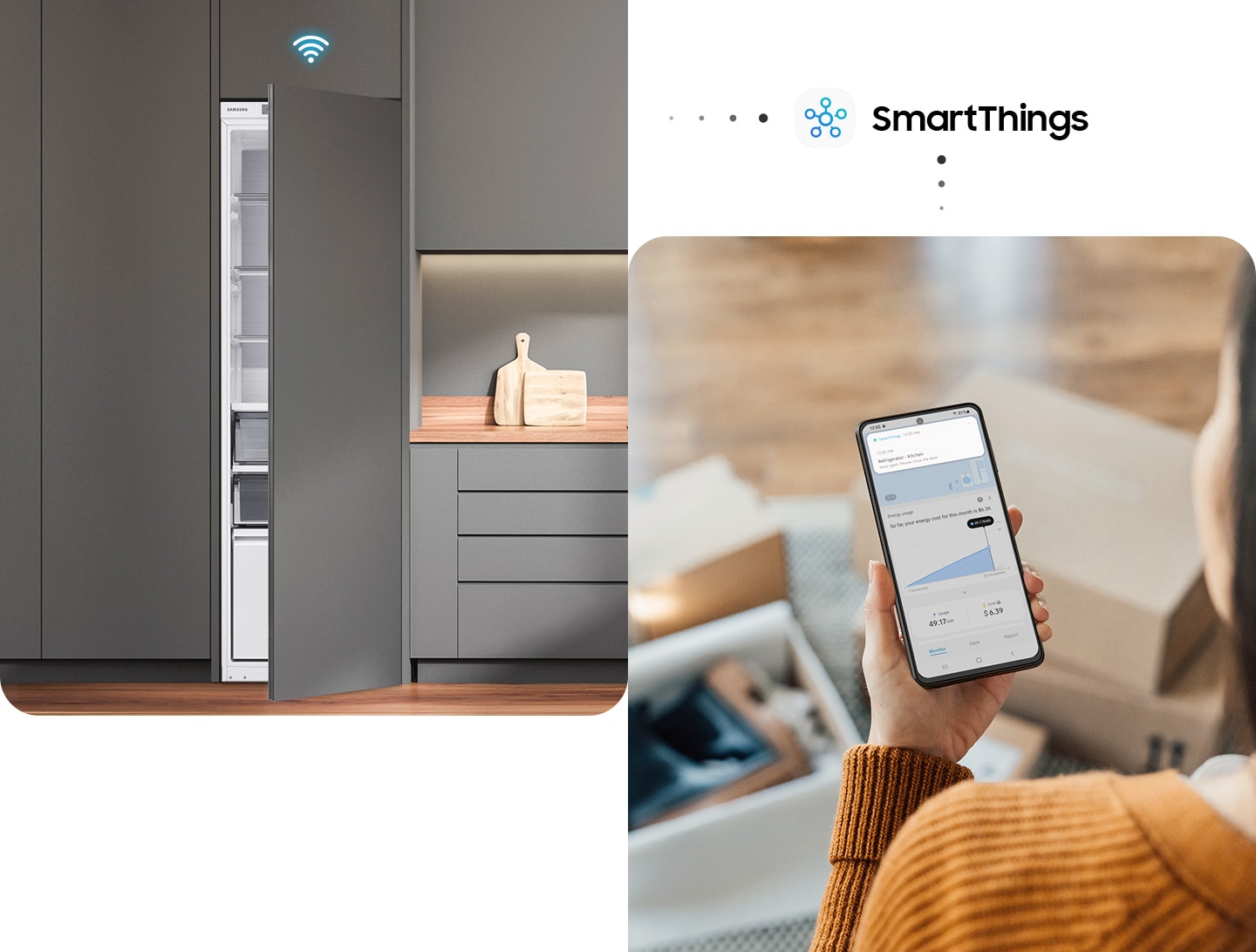 Ușa BRR6000B este pe jumătate deschisă, iar pictograma Wi-Fi plutește deasupra ei. Utilizatorii verifică starea frigiderelor cu smartphone-urile lor prin SmartThings.