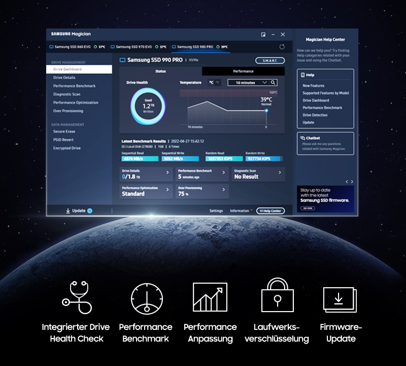 Magician software provides a toolkit to manage the 990 PRO for best performance. This toolkit supports Integrative Drive health checks,performance benchmarks and optimizations, and encrypted drive and firmware updates.