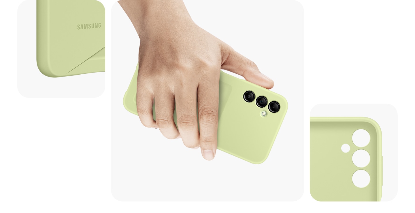 Zwei Nahaufnahmen zeigen die abgerundeten Schutzecken des Card Slot Cases. Eine Hand hält bequem ein Galaxy A14 5G mit einem Card Slot Case in der Farbe Lime