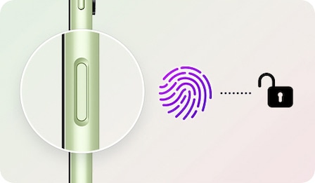 Das Seitenprofil des Galaxy A14 5G wird gezeigt, wobei der Fingerabdruck-Scanner vergrössert dargestellt ist. Rechts neben dem Sensor sind ein Fingerabdrucksymbol und ein Entsperrsymbol mit einer kurzen gestrichelten Linie dazwischen zu sehen.