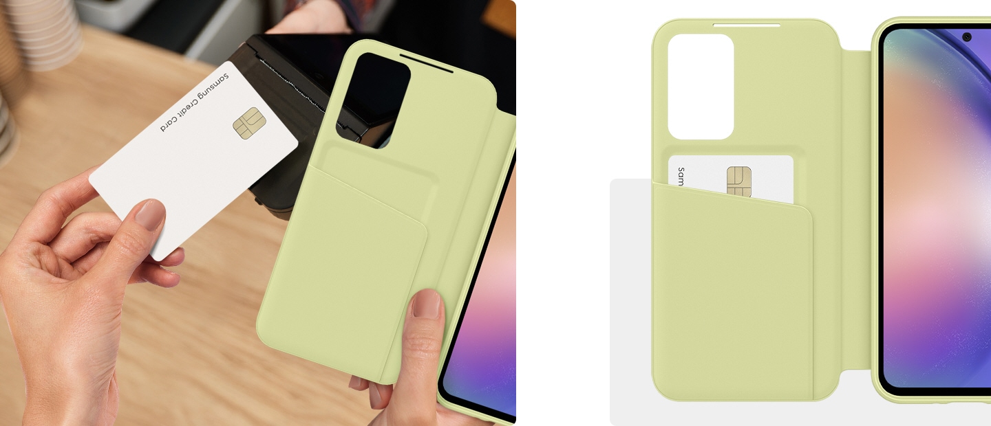 Eine Hand hält eine Karte, die in die Tasche eines Lime Smart View Wallet Case eingelegt wird. Ein geöffnetes Lime Smart View Wallet Case zeigt die Karte, die sicher in der Tasche steckt.