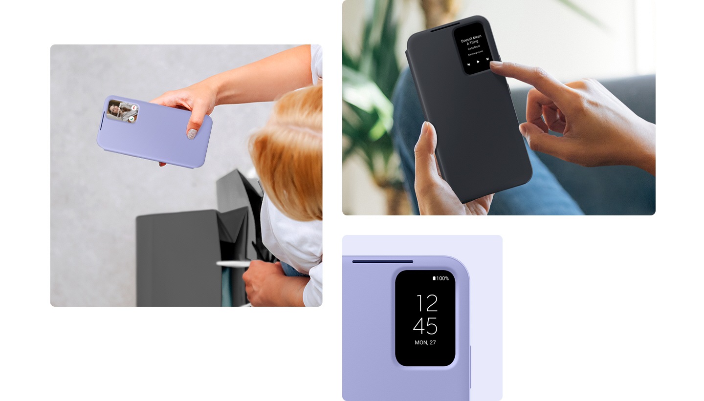 Ein Mann, der alle Hände voll zu tun hat, hält sein Galaxy Gerät mit dem Blueberry Smart View Wallet Case hoch, um den Anruf auf dem kleinen Anzeigefenster entgegenzunehmen. Eine Hand hält ein Galaxy Gerät mit Black Smart View Wallet Case hoch, um das Lied auf dem kleinen Display zu wechseln. Ein Galaxy Gerät mit Blueberry Smart View Wallet Case zeigt auf dem kleinen Bildschirm die Uhrzeit und das Datum an.