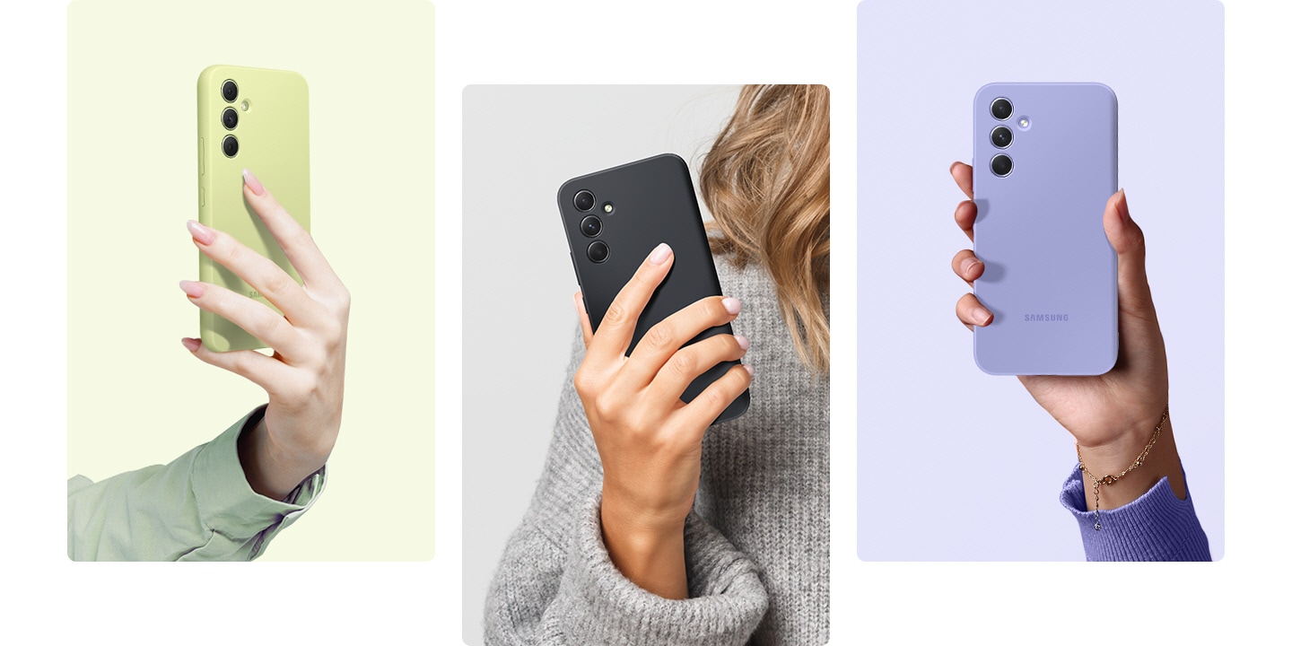 Drei Hände halten Galaxy Geräte hoch, die das Silicone Case in den Farben Lime, Black und Blueberry tragen. 