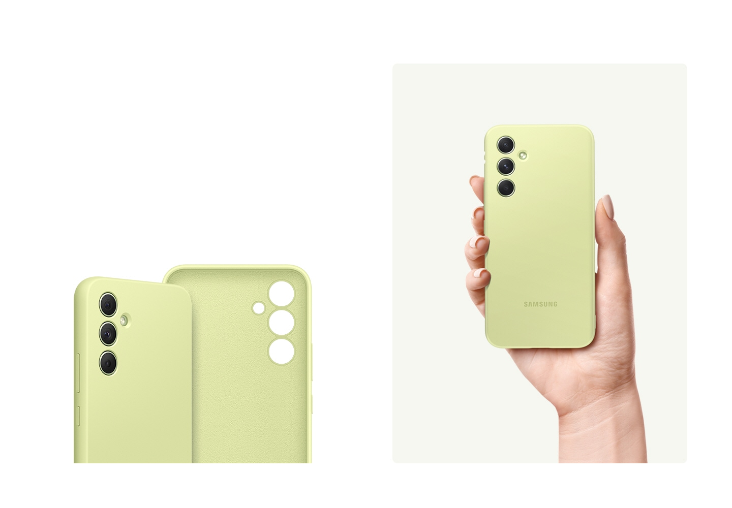 Auf der linken Seite wird ein Galaxy Gerät mit einem Silicone Case in der Farbe Lime mit einem anderen leeren Silicone Case in derselben Farbe gezeigt. Rechts hält eine Hand ein Galaxy Gerät mit einem Silicone Case in der Farbe Lime hoch. 
