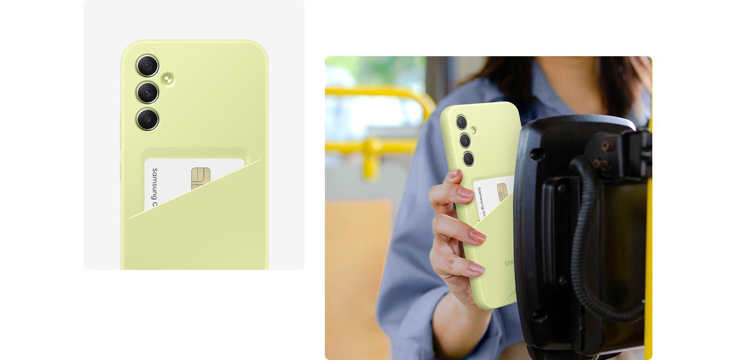 On the left, a Galaxy device wearing a Lime Card Slot Case shows a card safely pocketed on the back. On the right, a woman is tagging her Galaxy device wearing a Lime Card Slot Case with a card pocketed to pay for her transportation. 