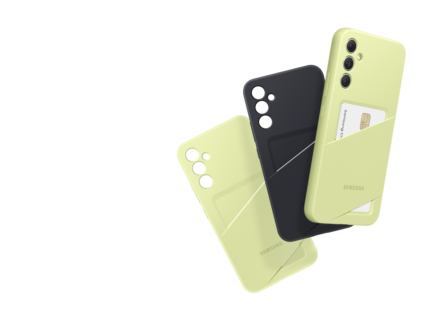 Drei Card Slot Cases, zwei in Lime und eines in Black, zeigen die Rückseiten eines Galaxy Geräts, das in das rechte Card Slot Case in Lime eingebettet ist. 
