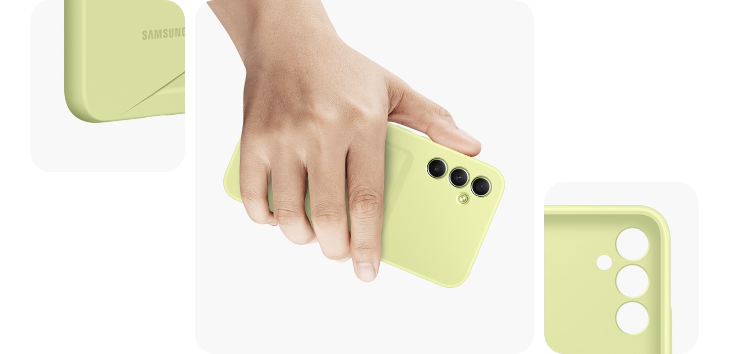 Ein Lime Card Slot Case zeigt eine Ecke sowie die Kamera-Öffnungen, um sein glattes Design zu zeigen, während eine Hand bequem ein Galaxy Gerät hält, das in einem Lime Card Slot Case eingeschlossen ist.