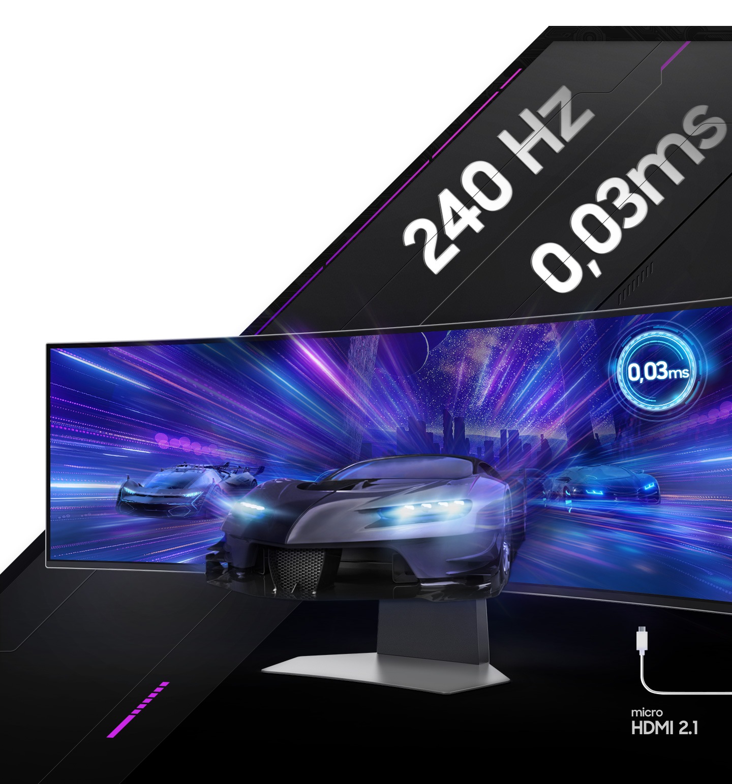 Monitor zeigt Autorennen mit HDMI 2.1 Anschluss