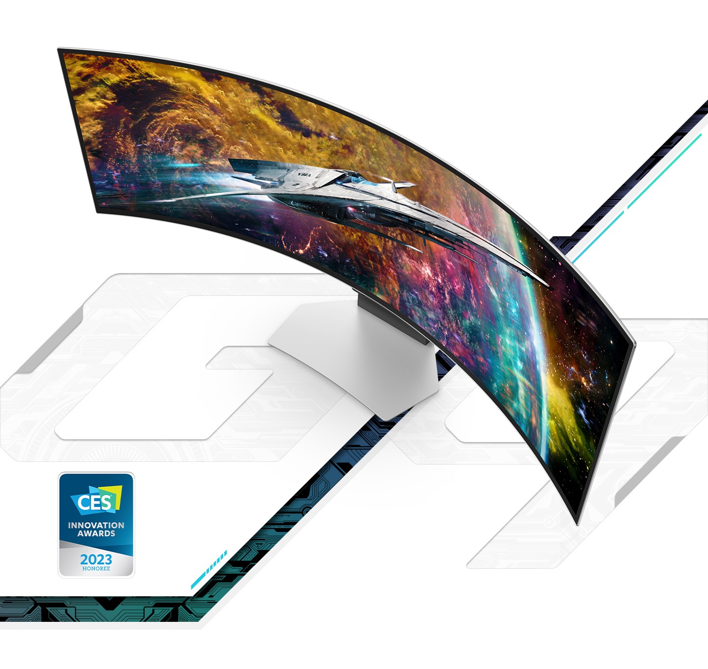 Odyssey G9 mit eingraviertem G9-Logo und Raumschiff – CES Innovation Award