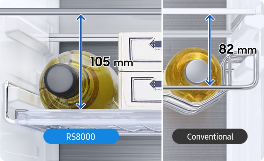 În comparație cu modelul convențional de 82 mm înălțime, raftul pentru vin de 105 mm al RS8000C permite depozitarea sticlelor și alimentelor mai mari.