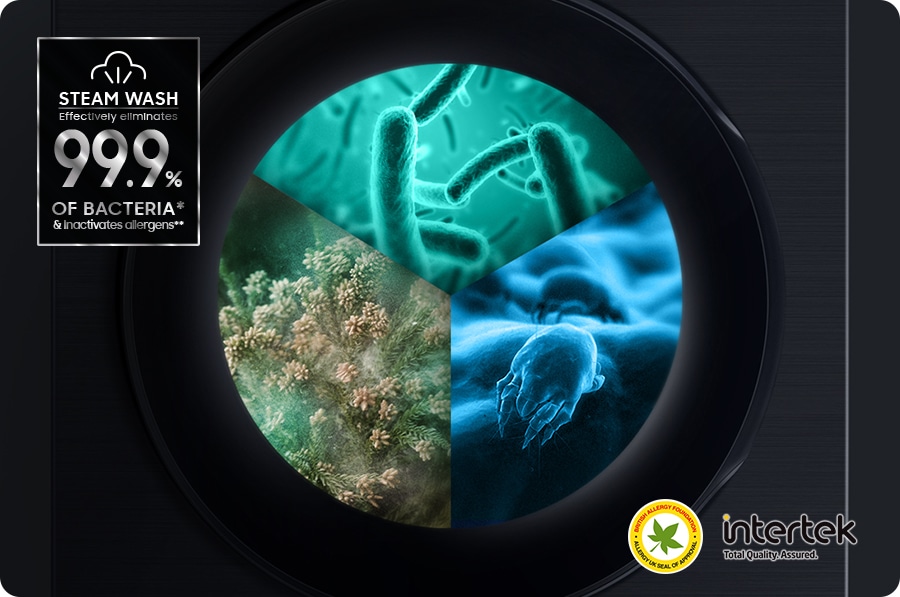Spălare cu abur certificat de Intertek, aburul este dispersat în interiorul ușii mașinii de spălat pentru a elimina alergenii și bacteriile până la 99,9%.