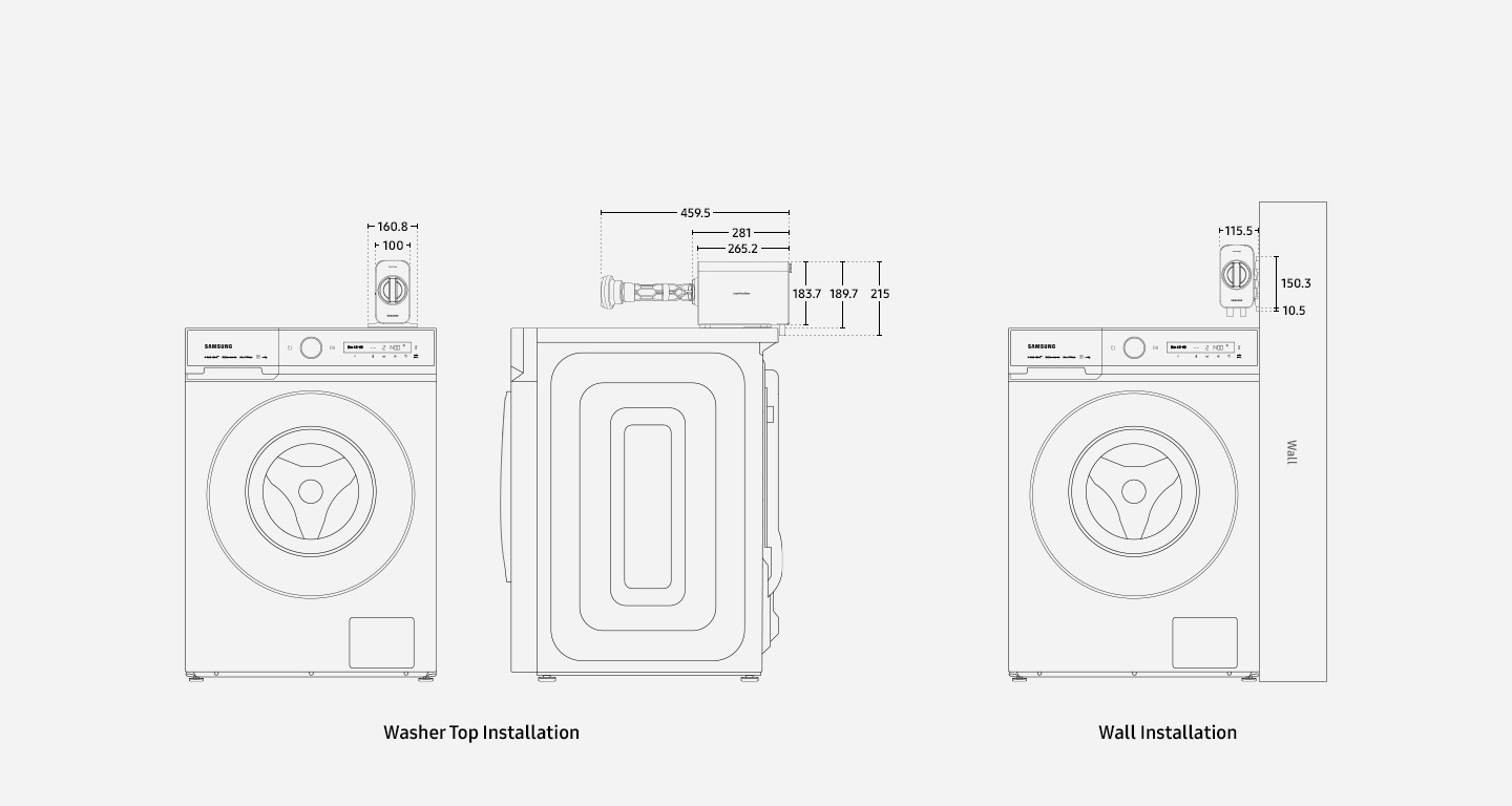 There is a diagram with measurements of a Less Microfiber™ Filter installed on top of a washer and against a wall. Washer Top Installation diagram demonstrates the dimensions of the filter from the front and the side. The width of the filter is 100mm. The width of the entire installation is 160.8mm. The length of the filter is 183.7mm, 189.7mm, and 215mm. The depth of the filter is 265.2mm, 281mm, and 459.5mm, including the filter attachment. Wall Installation diagram demonstrates the width and length of the filter attached to a wall to its left. The width is 115.5mm, the length of the attachment is 150.3mm, and the length between the attachment and the filter is 10.5mm.