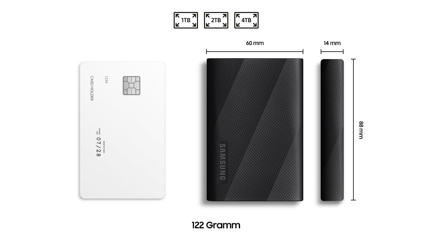 The T9's dimensions are 60mm in length, 88mm in width, 14mm in height, which is overall similar to the size of a typical credit card. The T9's weight is 122 grams. The T9 comes in capacities of 1TB, 2TB, and 4TB.