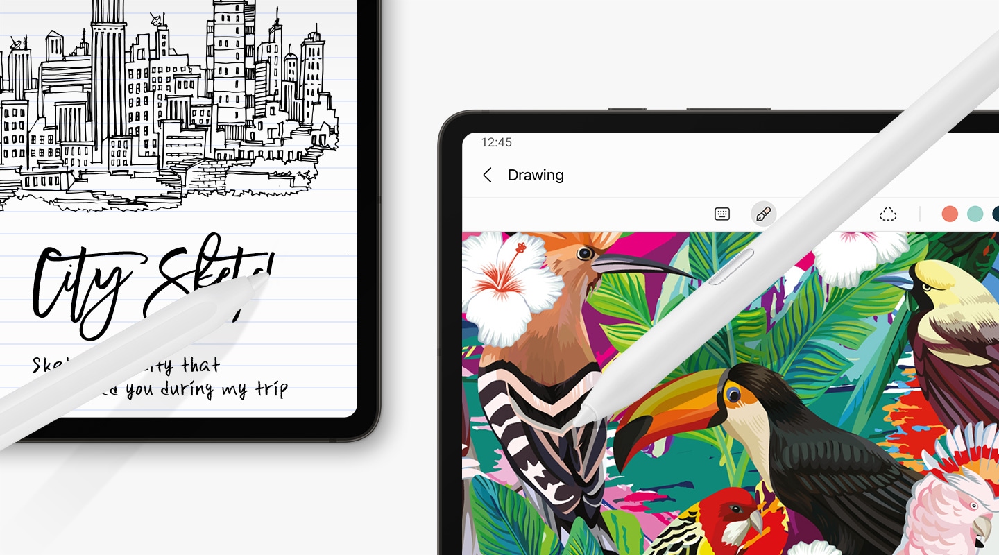 Two pairs of a Galaxy tablet and an S Pen Creator Edition are shown. On one tablet, texts are being written with an S Pen Creator Edition, while on the other tablet a colorful drawing of birds is drawn with the other S Pen Creator Edition.