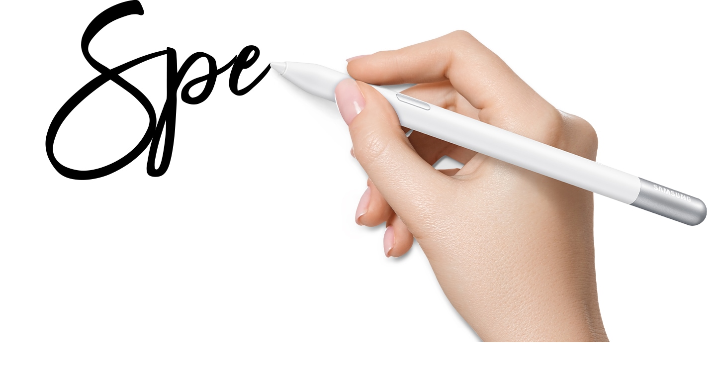 A person's hand grabbing an S Pen Creator Edition is writing a cursive text.