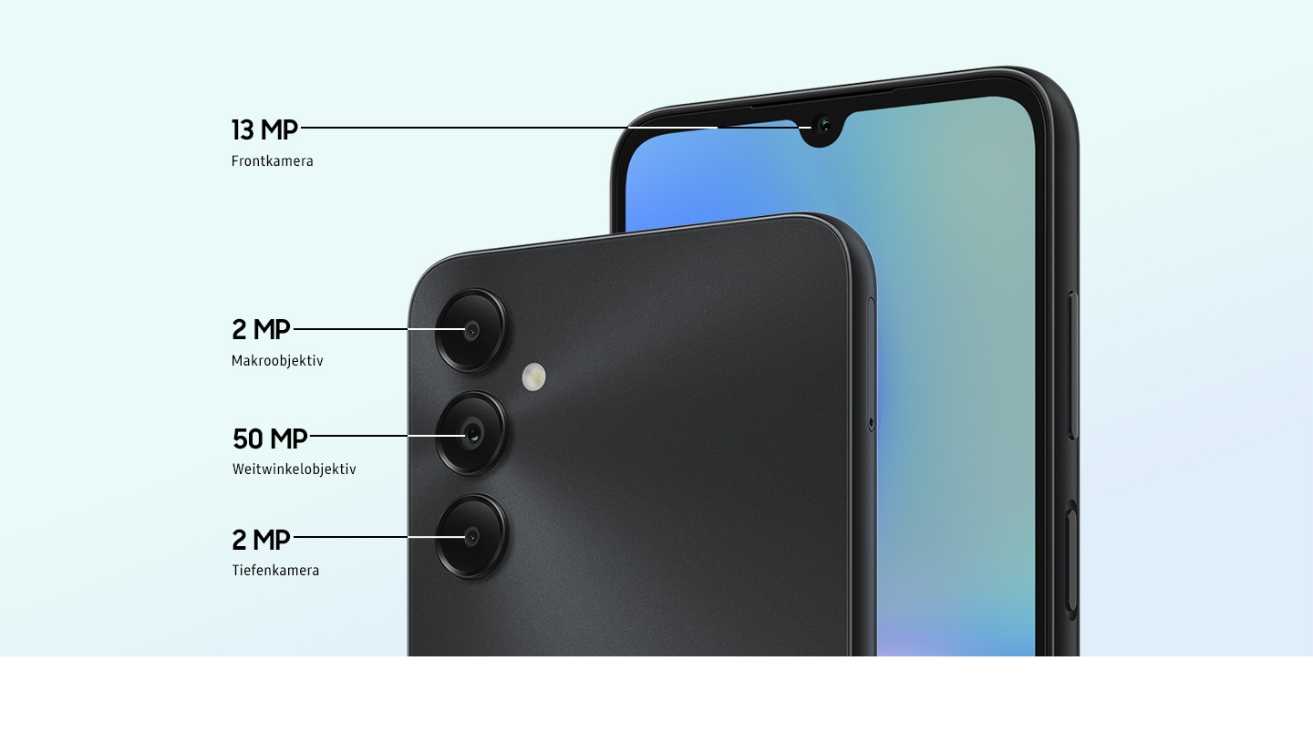 Vorder- und Rückseite des Galaxy A05s zeigen die vier Kameras, einschließlich der 13 MP Frontkamera, der 2 MP Makrokamera, der 50 MP Weitwinkelkamera und der 2 MP Tiefenkamera.