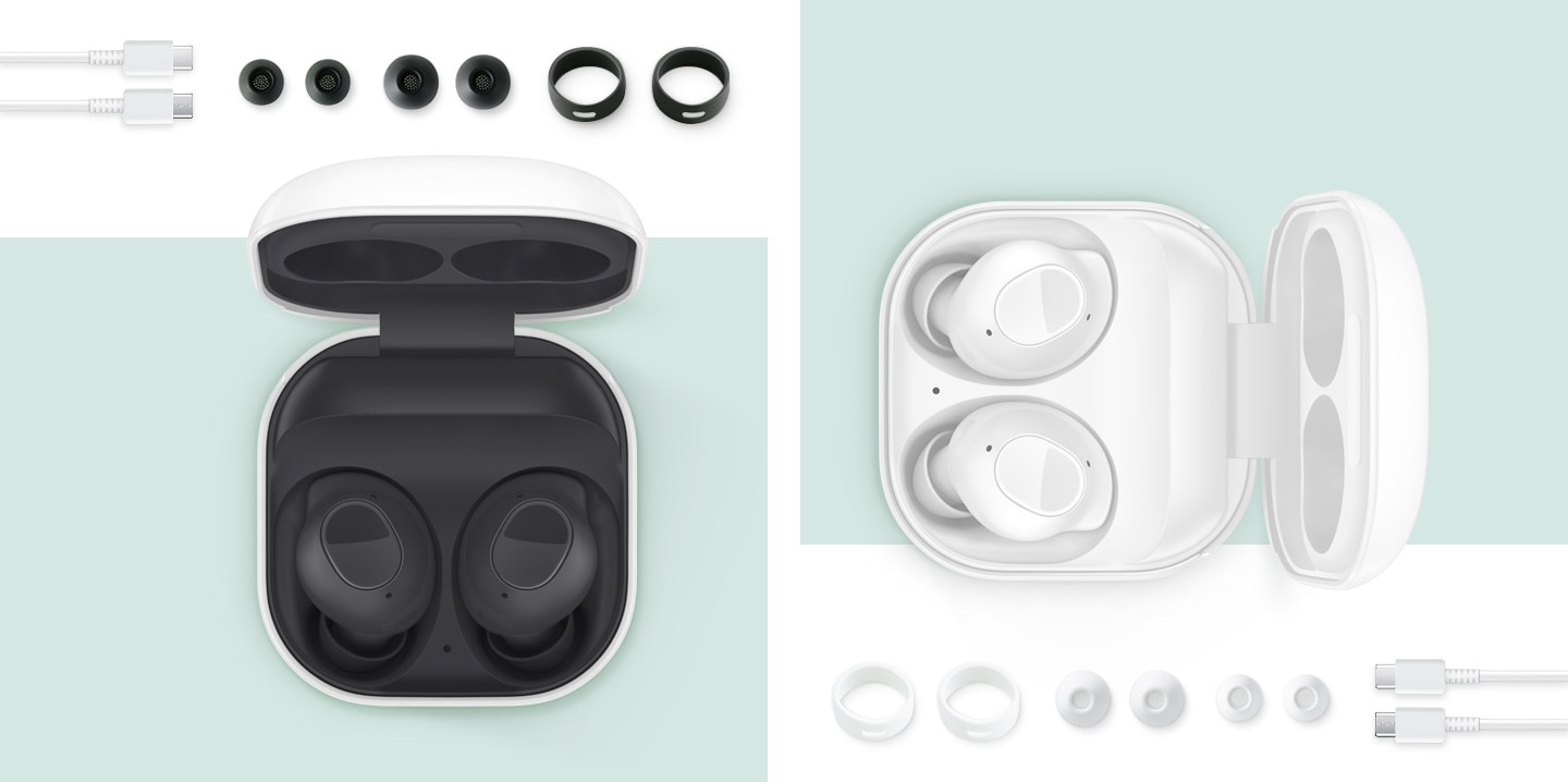 An open Graphite Galaxy Buds FE case with two Graphite buds inside.An open Mystic White Galaxy Buds FE case with two Mystic White buds inside.