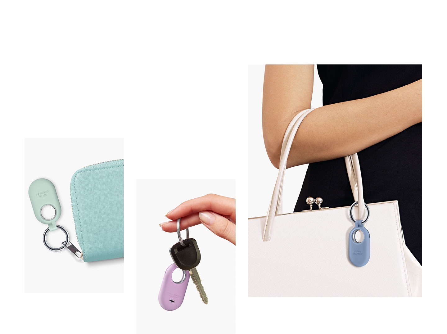 Galaxy SmartTag2 in Mint, Lavender and Blue Silicone Cases can be seen, attached to items such as a wallet, key and handbag.