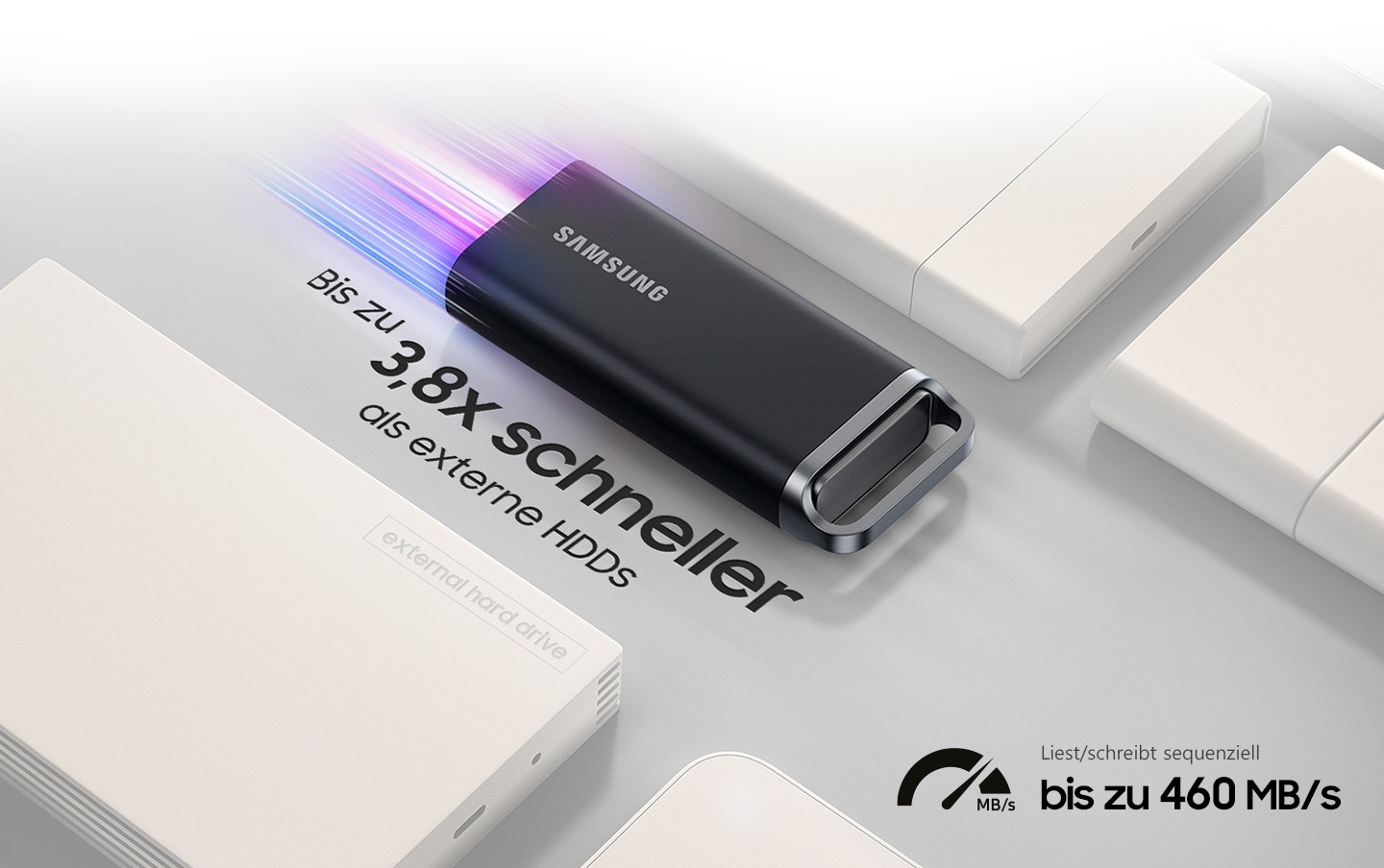 Die T5 EVO zoomt durch die Lanes von externen Festplatten. Darunter steht der Text "Bis zu 3,8x schneller als eine externe HDD". Auch die sequenzielle Lese-/Schreibgeschwindigkeit beträgt bis zu 460 MB/s.
