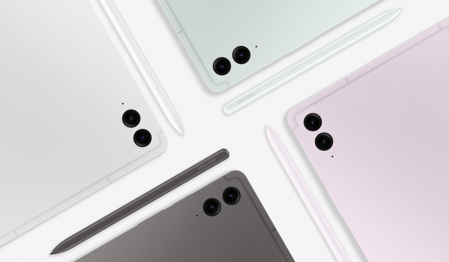 Top-down view of four Galaxy Tab S9 FE and Tab S9 FE+ devices, each in different colors facing down to show their rear cameras. Each tablet features an S Pen in same color as the device resting alongside.