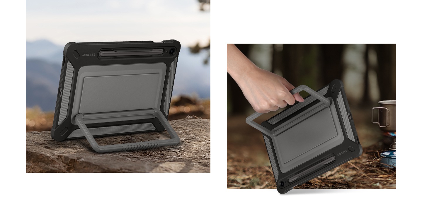 A Galaxy Tab S9 FE device covered with an Outdoor Cover is shown propped up horizontally with a kickstand on a rough surface in the mountains. Next to it, a hand is seen holding the device using the kickstand.