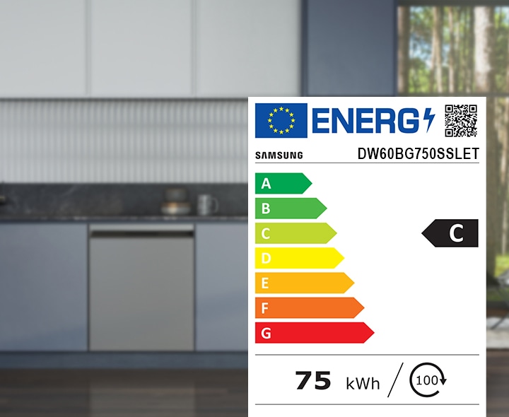 Prezintă eticheta energetică a mașinii de spălat vase, cu clasa C și datele cheie de performanță - 75 kWh pentru 100 de cicluri.
