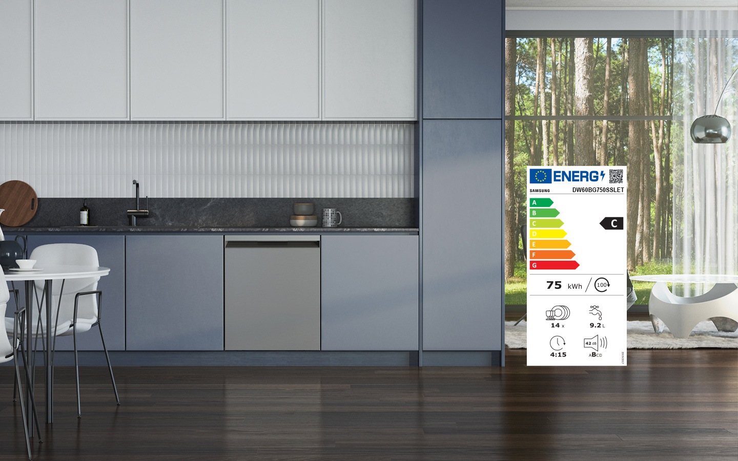 Shows the dishwasher's energy label, with its C rating and key performance data - 75 kWh for 100 cycles, 14x settings, 9.2L of water, 4:15 run time and B-level noise (42dB).