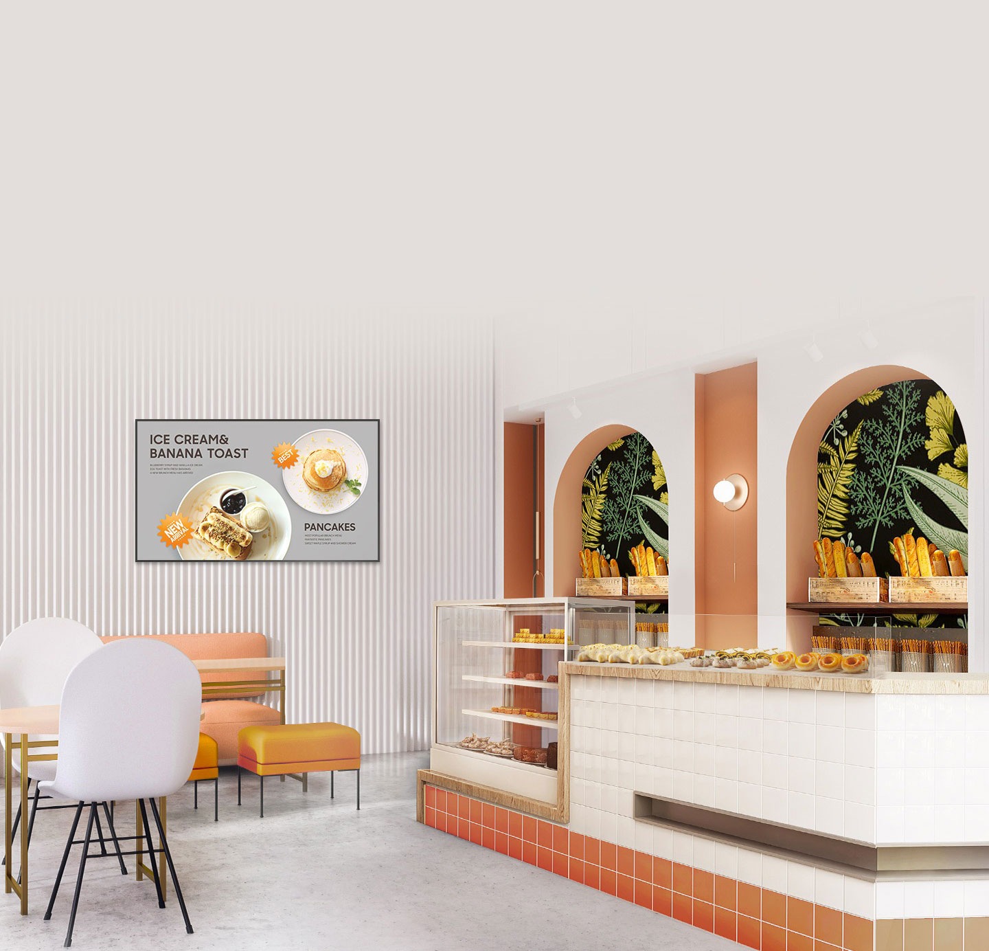 Das Bild zeigt eine Theke in der Cafeteria mit einem  QM32C Display an der Wand