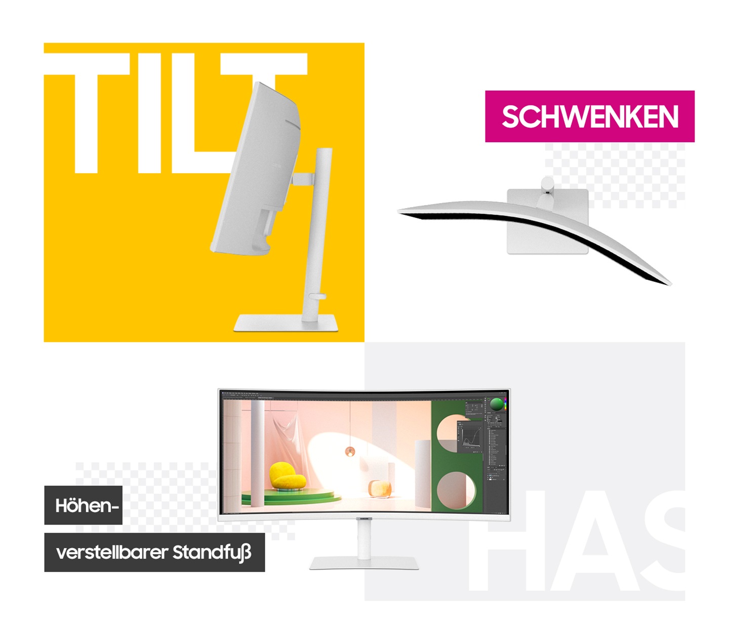 Es gibt einen Monitor, der gekippt wird, und daneben ist ein weiterer Monitor, der geschwenkt werden kann. An der Unterseite der beiden Monitore befindet sich ein weiterer Monitor, der sich auf und ab bewegt. Er ist mit der Aufschrift "Höhenverstellbarer Standfuß" versehen.