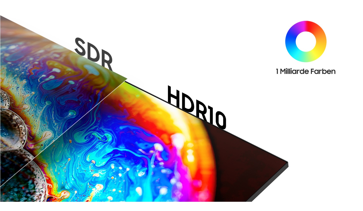SDR und HDR10 werden verglichen, und das Bild für HDR10 ist heller und lebendiger. Neben den Bildern befindet sich ein Symbol, das für 1 Milliarde Farben steht.