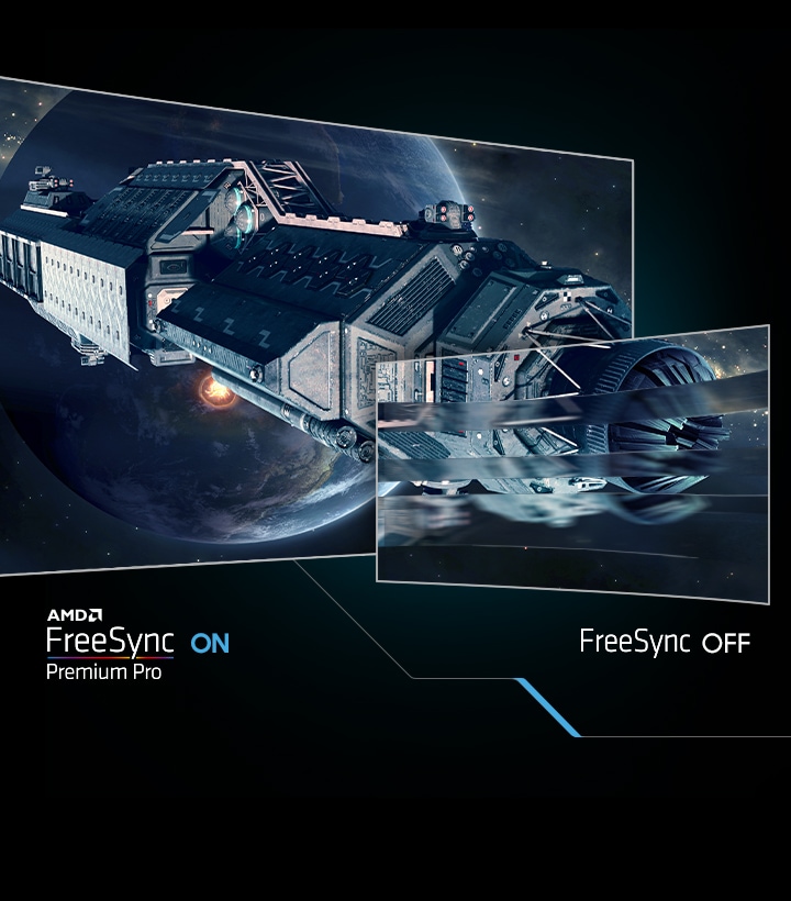 Auf zwei Bildschirmen wird eine Weltraum-Andockstation vor einem Planeten gezeigt. Das Raumschiff auf dem rechten Bildschirm ist unscharf mit dem Text "FreeSync OFF" darunter, und der linke Bildschirm ist scharf und klar mit dem Text "AMD FreeSync Premium Pro ON" darunter.