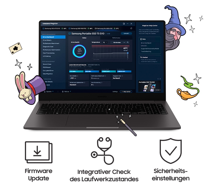 The Magician software provides a toolkit to manage the T5 EVO for optimal performance. This toolkit supports Integrative Drive health check, firmware update and security setting.