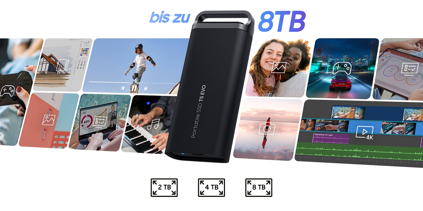 Various images displayed along a horizontal photo carousel of various scenes that require extensive data storage: video editing, gaming, imaging. Dividing the carousel is the T5 EVO with the text “Up to 8TB” written above it and 