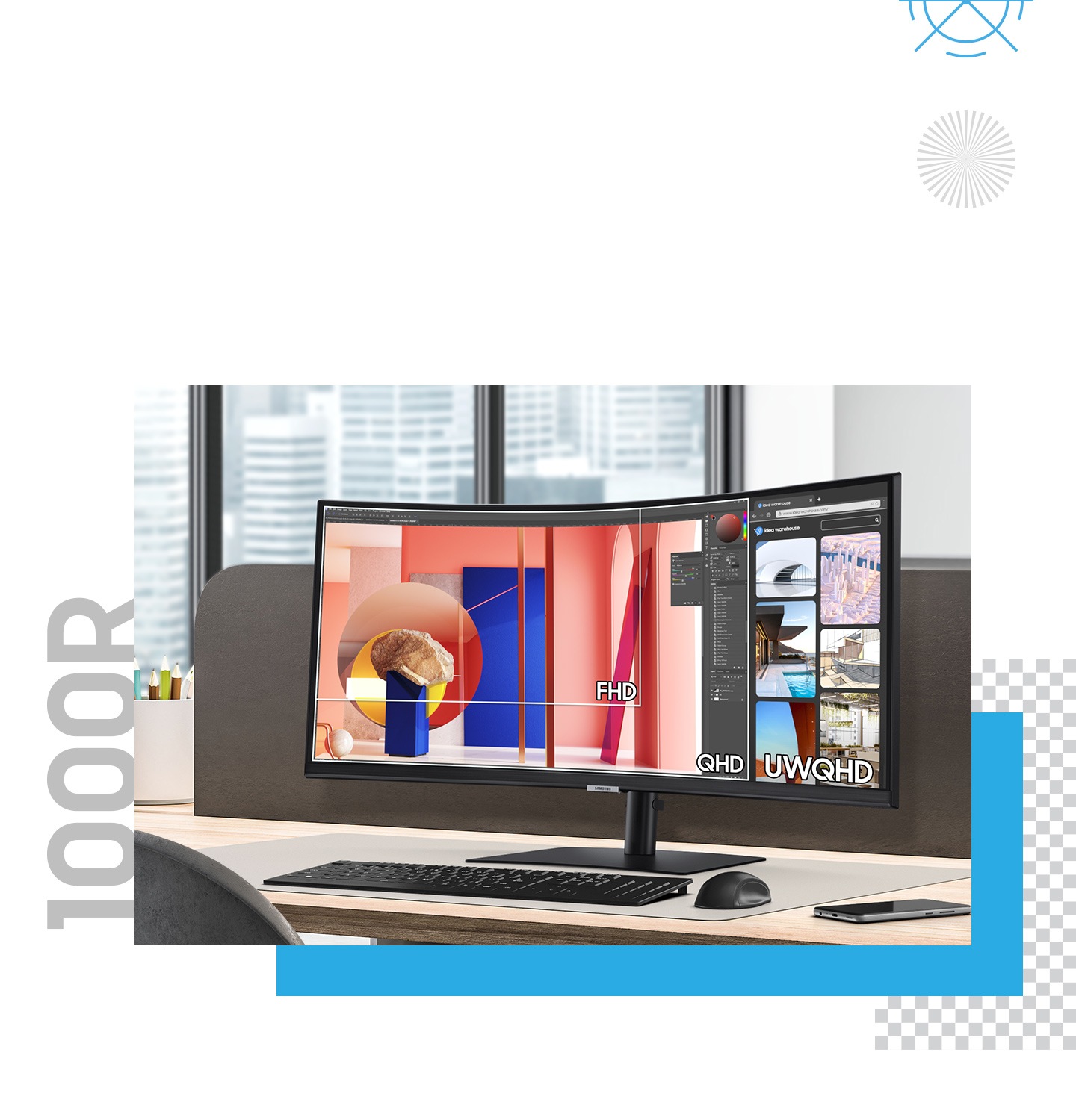Ultra-Wide-Monitor mit geöffneter Software für Multitasking